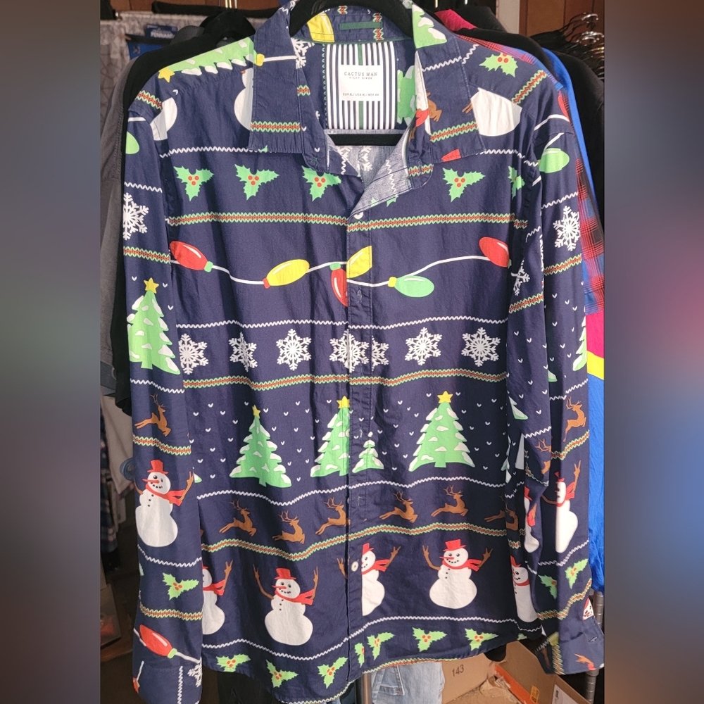 Mens Cactus Man Christmas Butron Down Long Sleeve XL